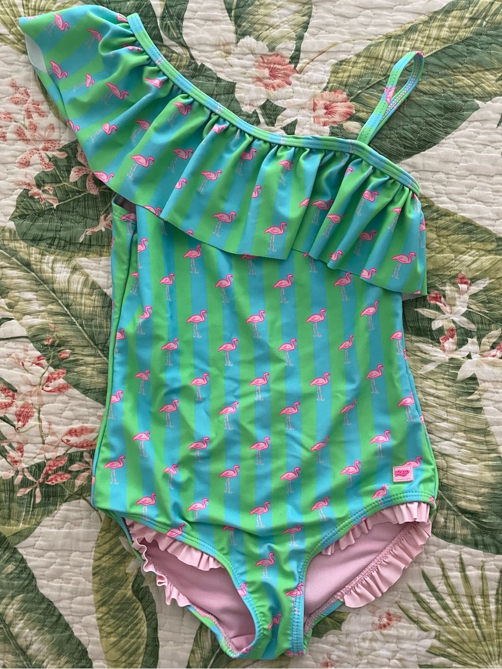 Neon One Shoulder One Piece Swimsuit for Girls by RuffleButts. Size 7 - Picture 4 of 9